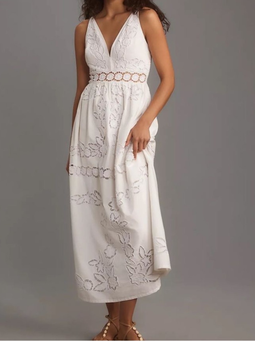 Vineet Bahl White Floral Lace Cutwork Sleeveless V-Neck Maxi Dress